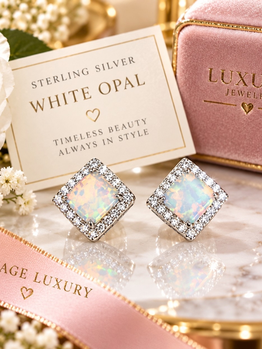 2.72 CTW White Opal Sterling Silver Halo Stud Earrings ✨